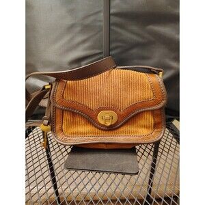 Fossil Corduroy & Leather Crossbody Brown Turn Lock Boho Western